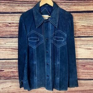 Vintage 1970s Split Cowhide Suede Dark Blue Leather Coat